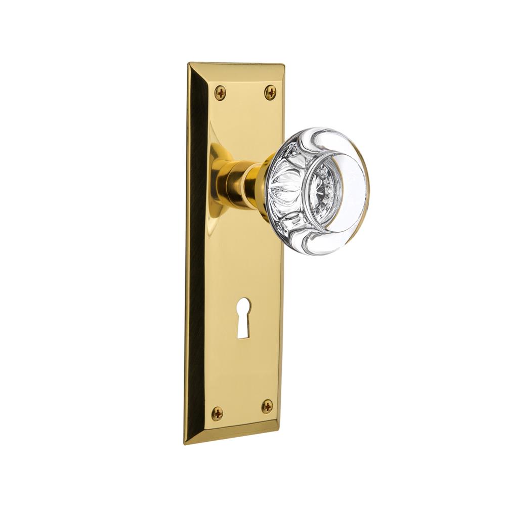 Nostalgic Warehouse NYKRCC Single Dummy Knob New York Plate with Round Clear Crystal Knob and Keyhole in Unlacquered Brass